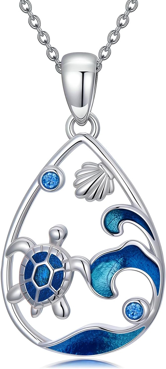 Ocean Animal Necklace Seahorse/Shark/Starfish/Sea Turtles/Sand Dollar/Dolphin Necklace 925 Sterling Silver Beach Ocean Jewelry for Women Ocean Lovers