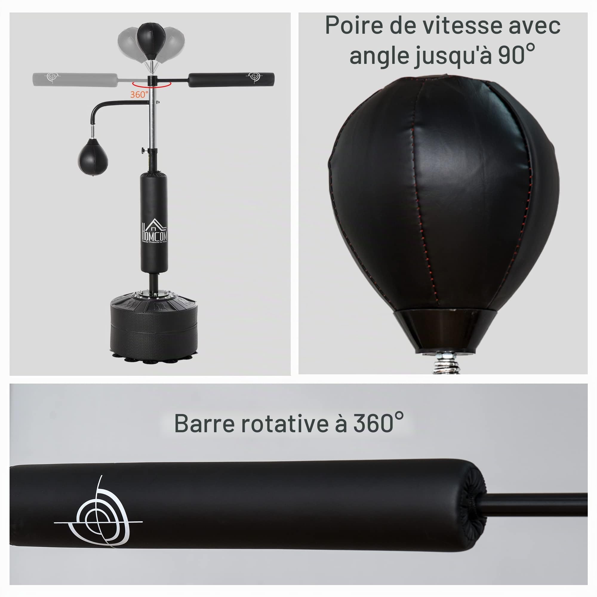 HOMCOM Sac de Frappe sur Pied 4 en 1, Punching Ball Autonome 2 balles de Vitesse Barre rotative 360° Hauteur réglable 160-230 cm, Sac de Boxe pour Adultes