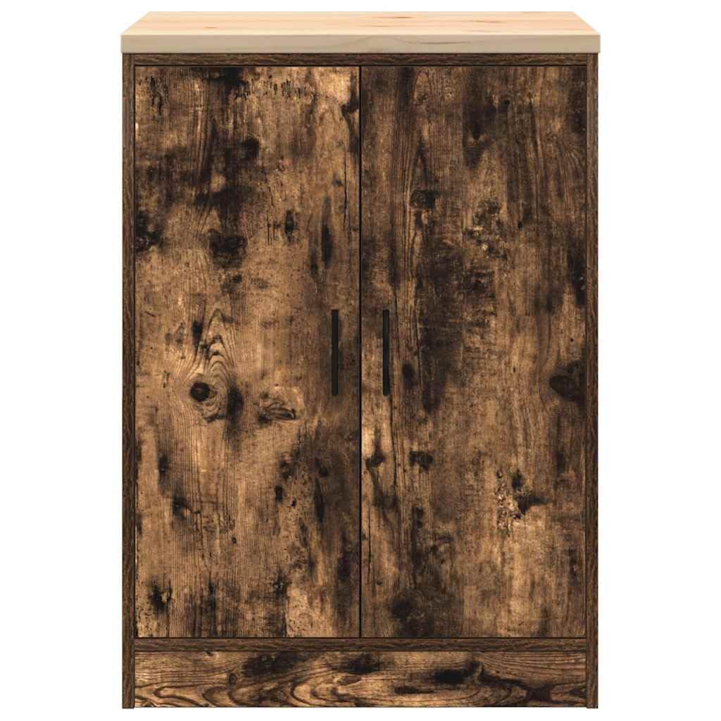 Garagenschrank Räuchereiche 60x51x85 cm Werkzeugschrank mit Massivholz Kiefer Arbeitsplatte, Stabiler Aufbewahrungsschrank mit 2 Fächern für Werkstatt, Garage und Keller