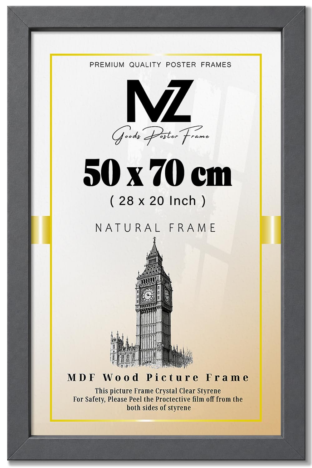 MZ GOODS | MDF Picture Frame (50 x 70 CM) 70 cm x 50 cm for Posters, Certificates & Art Prints, Secure Hanging Hooks for Display [ Dark Grey ]