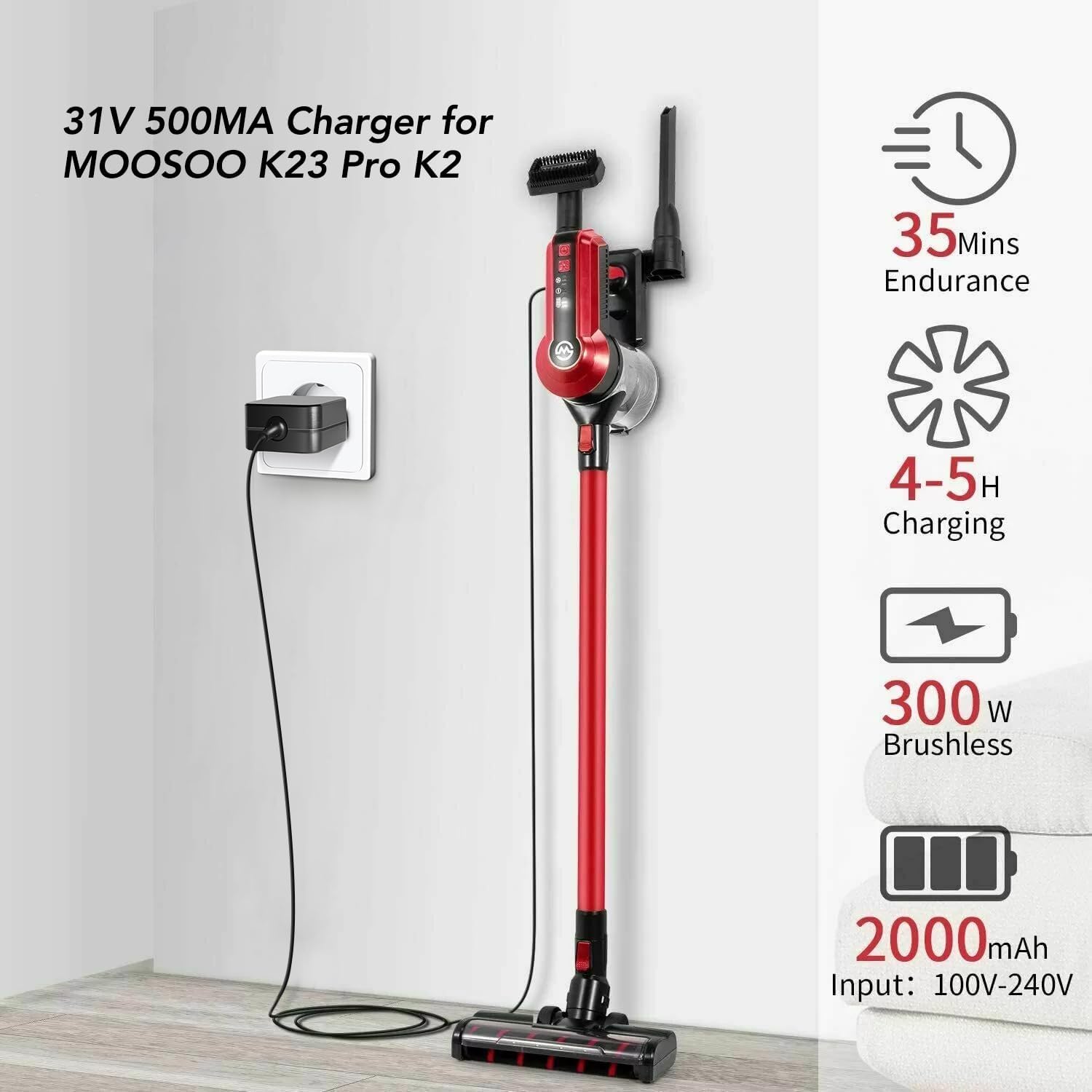TAIFU charger connected to a MOOSOO K23 Pro vacuum cleaner for charging