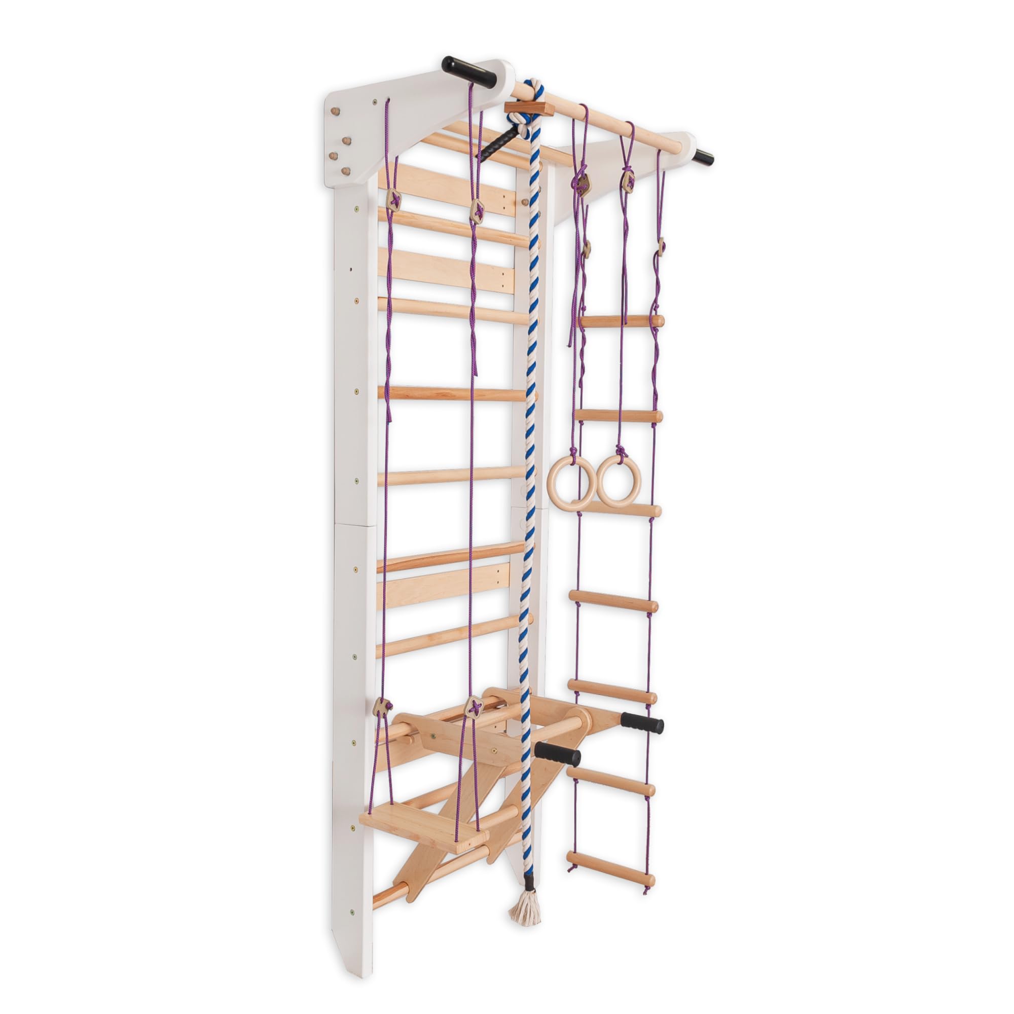 Sprossenwand Holz mit Zubehör (Ringe, Seil, Schaukel) - Indoor Klettergerüst für Kinder & Erwachsene - Turnwand massiv bis 150kg - Kletterwand für das Kinderzimmer (Weiß)