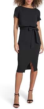 kensie short sleeve smocked waist a line midi dress Women's Tie Dress, Black, 0 at Amazon Women's Clothing store Size:US size 2