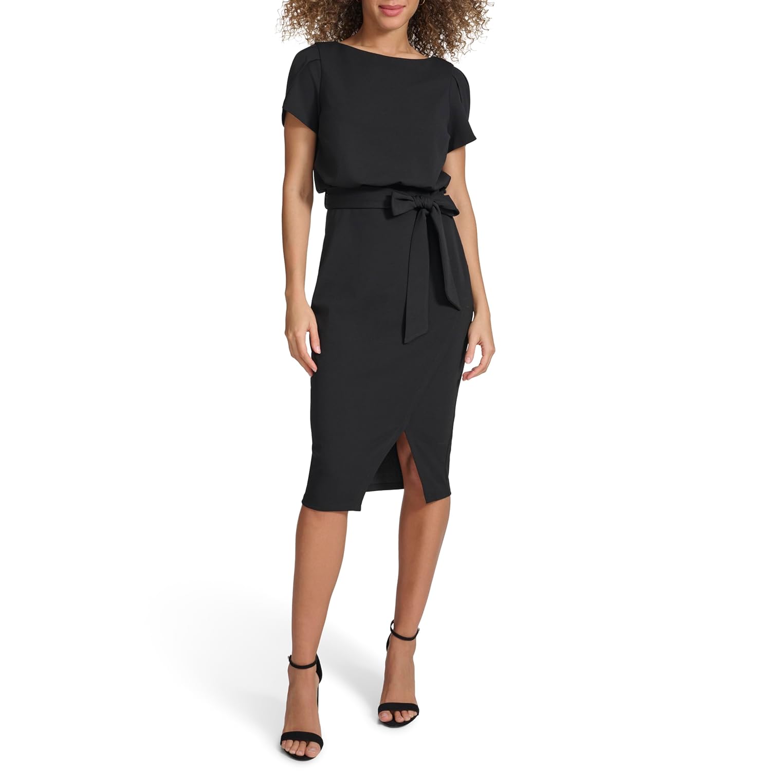 Kensie Womens Short Sleeve Tie Waist Midi Dress