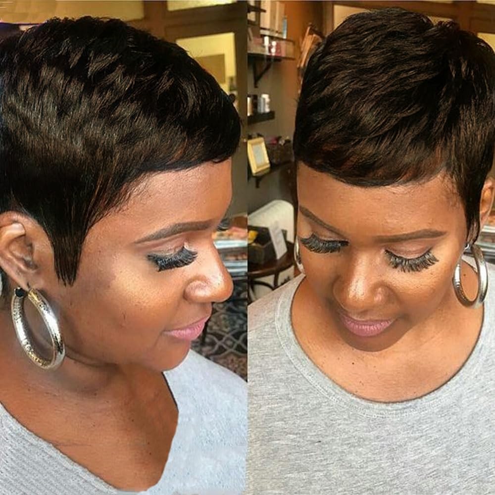 Pixie Cut Wig - Human Hair Short Brown Wavy Pixie Wigs for Black Women - Glueless, Layered, Natural Wavy 4#