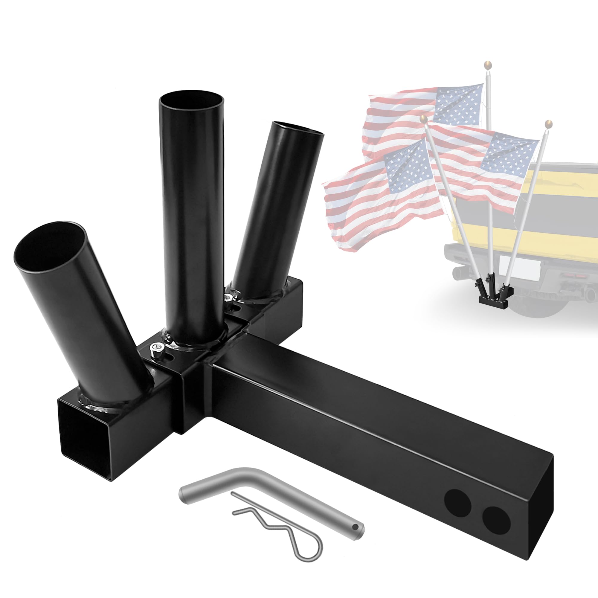 LOCKIETTA Triple Hitch Mount Flagpole Holder, Heavy Duty 3 Flag Poles Holder Univesal for Standard 2 inch Trailer Hitch, Compatible with Jeep Truck SUV RV Pickup Camper Trailer
