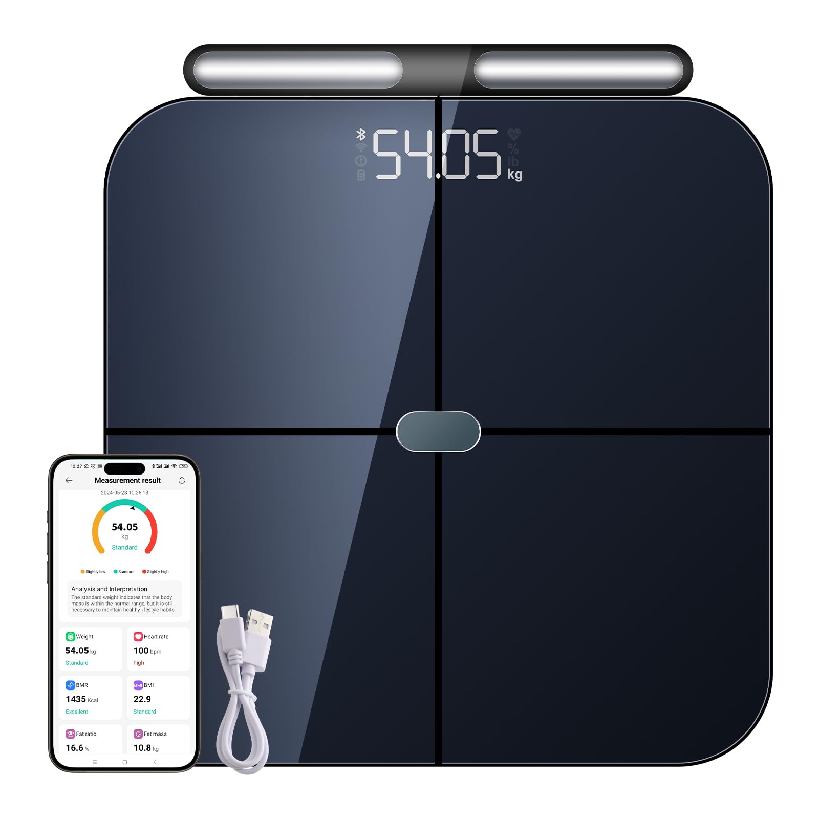 Healthkeep - Báscula conectada WIFI y Bluetooth con 8 electrodos de alta precisión, 46 datos corporales para aplicaciones incluidas Andriod e iOS, capacidad 180 kg/400 lb, 30 x 30 cm