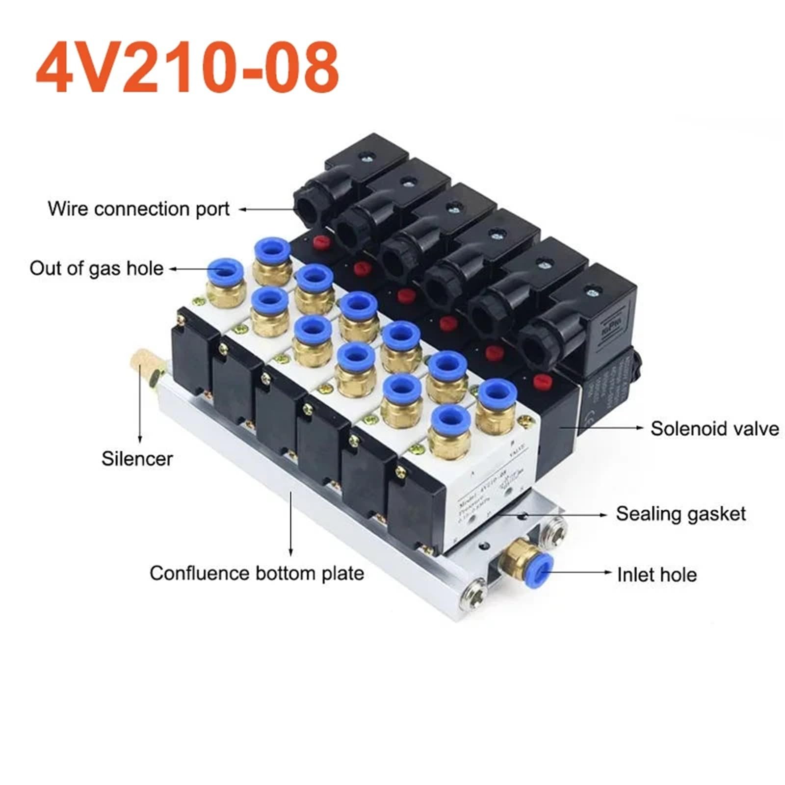 Bloque de electroválvula neumática 4V210-08 DC12/24V con silenciador, base de colector, 2/3/4/6 vías, 1 unidad(5 Row 12mm fitting,DC24V)