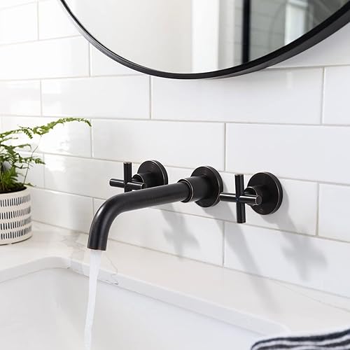 Miniatura 9 de ARCORA - Grifo de baño negro mate, grifo de baño de 2 manijas para montaje en pared y válvula empotrada incluida, grifo de fregadero montado en la