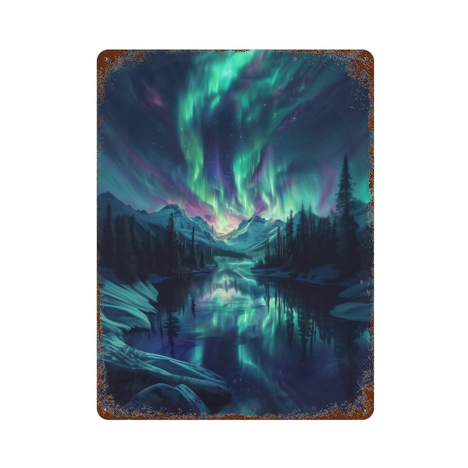 Rusty Metal Tin Sign with Aurora Borealis Reflections Design 15.7"x11.8", for Shed, Workshop And Garage Wall Decor, Classic Wall Plaque