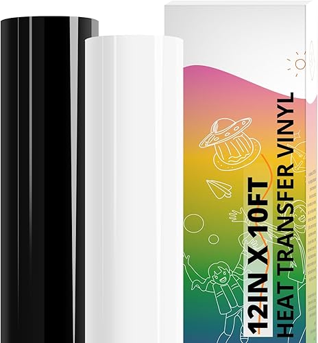 YRYM HT Rollo de vinilo de transferencia de calor HTV de 12 pulgadas x 10 pies, vinilo HTV blanco y negro para camisas, vinilo para planchar para
