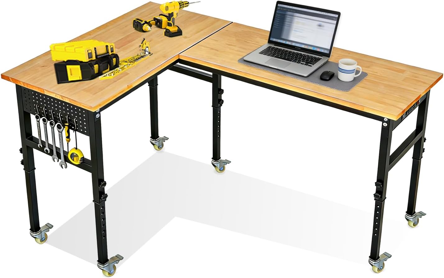 Adjustable L-Shaped Workbench, Rubber Wood Top Heavy Duty Workstation with Power Outlets, 2000 LBS Load Capacity Hardwood Worktable for Workshop Garage Office Home Commercial