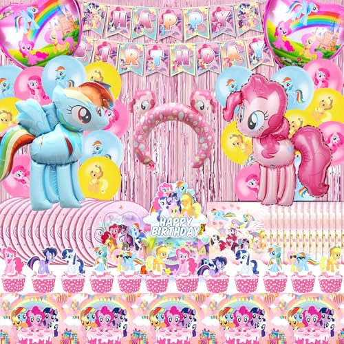 81 Pcs Deco Anniversaire Pony - Kit Little Avec Ballon, Toile De Fond, Nappe Et Decoration Gateau