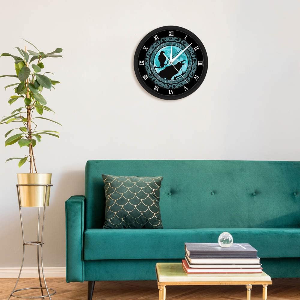 Ravens Roman Numberals Metal Frame Wall Clock, Silent Non Ticking Battery Operated Vintage Decorative Myth of North Europe Analog Wall Clock Watch for Living Room Man Cave Decor 12 Inch