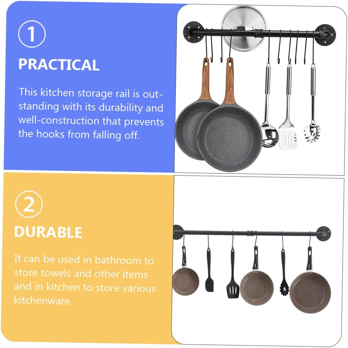 NUOBESTY Wall-mounted Iron Pot Rack with Hooks, Hanging Pot and Pan Organizer 13x60cm Industrial Kitchen Storage Rail for Utensils and Cookware