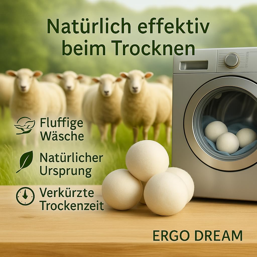 Öko Trocknerbälle XXL – 6x Trocknerbälle für Wäschetrockner aus 100% Neuseeland-Wolle, inkl. Wäschedüfte, 20 Waschstreifen & Aufbewahrungsbeutel, Natürlich, wiederverwendbar & plastikfrei