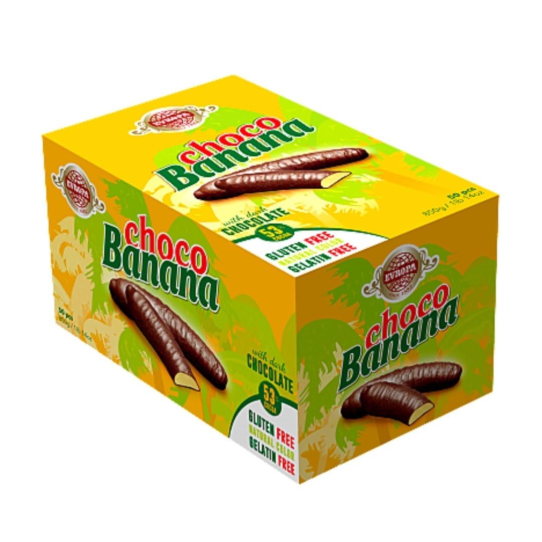 Evropa Choco Banana, Barrette al Cioccolato Fondente Senza Glutine e Gelatina, Confezione da 50 Pezzi, 850g, Gusto Banana