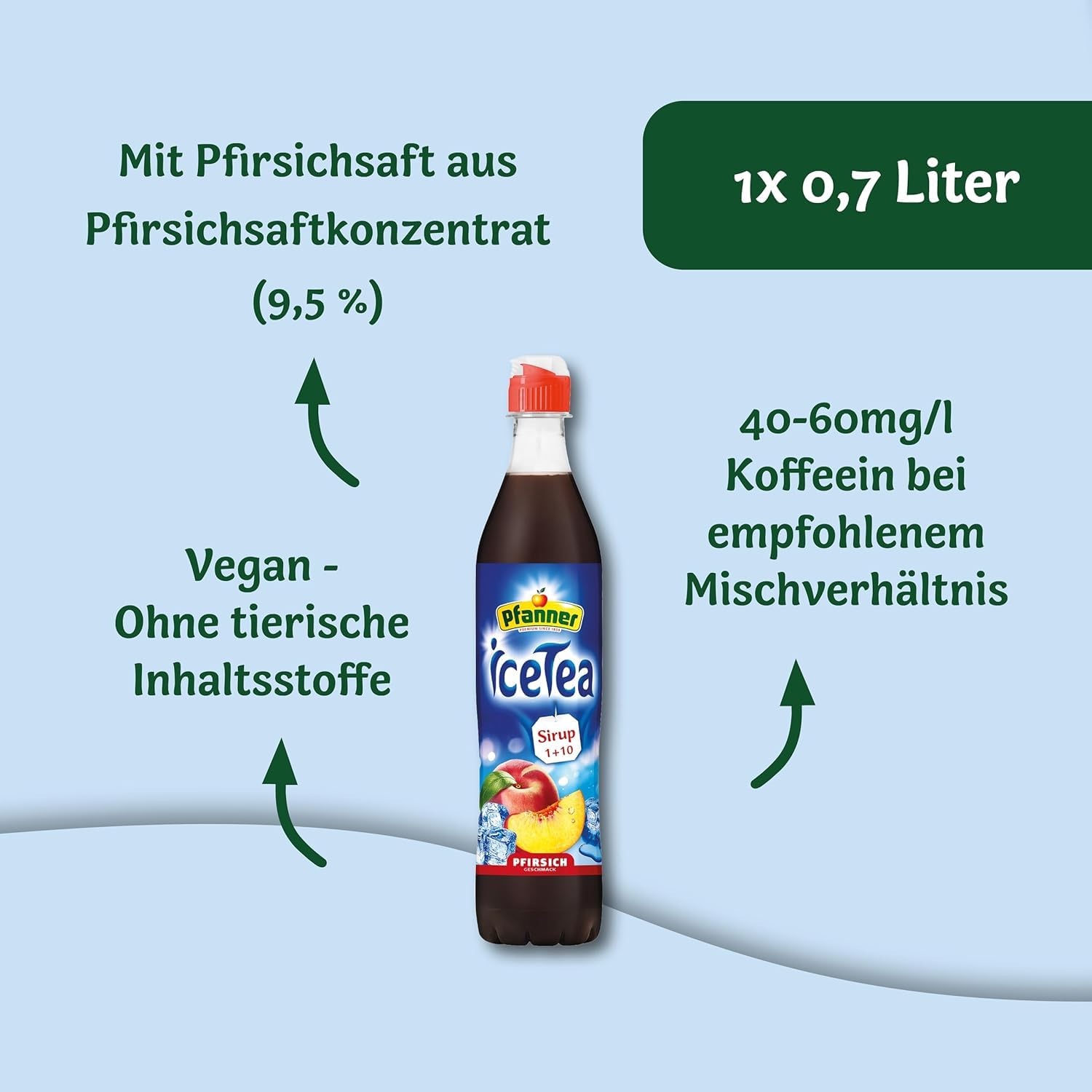 Pfanner Eistee Pfirsich Sirup – 12 x 700 ml Getränkesirup - ergibt über 7 Liter Wasser mit Ice Tea Pfirsich Geschmack