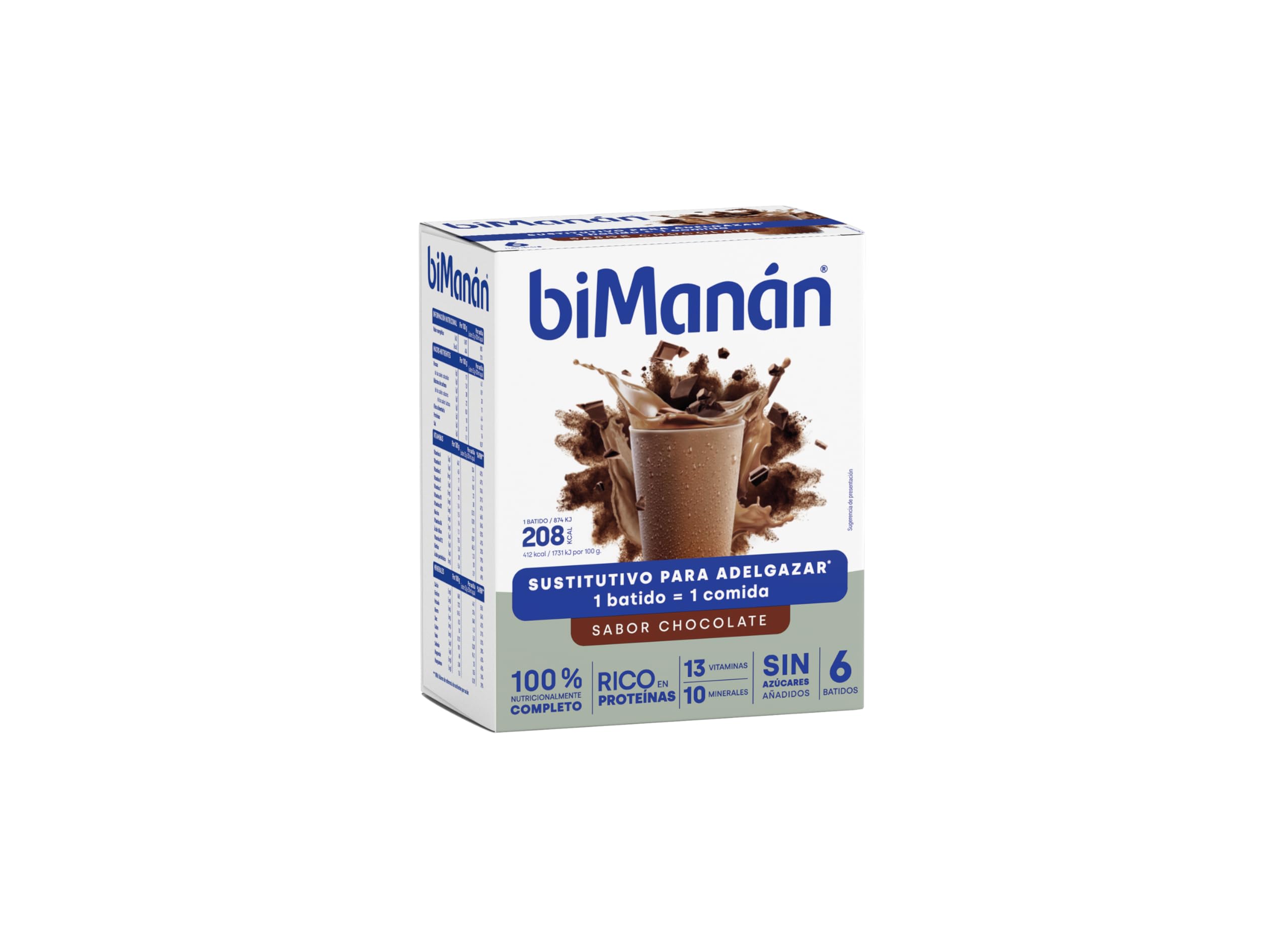 biManán - Batido de Chocolate, Batidos Sustitutivos de Comidas para Adelgazar, Bajos en Calorías, Ayudan a Perder y Controlar el Peso, con Proteínas, Vitaminas y Minerales - 6 x 50 g: 300 g