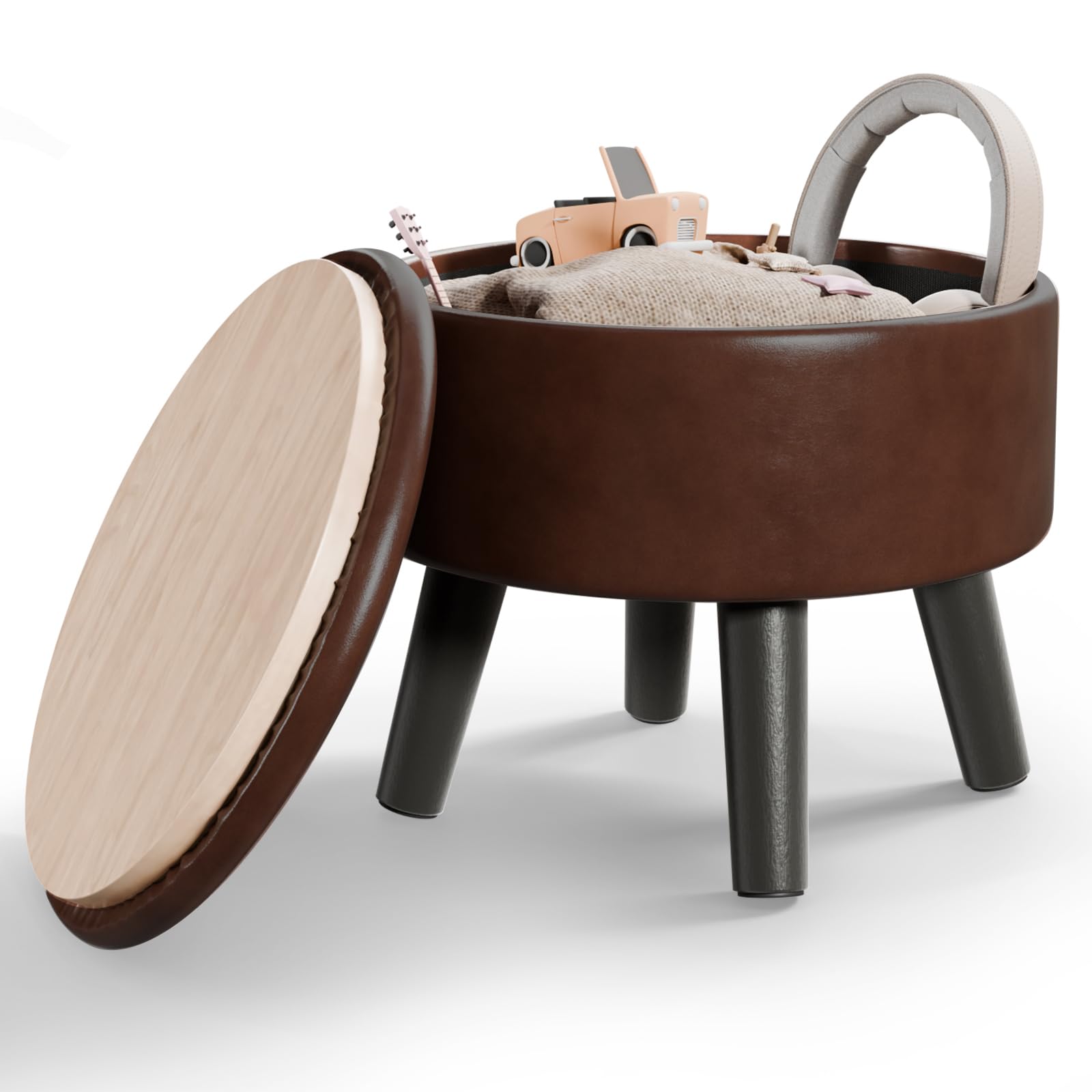 BRIAN & DANY Footstool with Storage, Small Storage Ottoman, Faux Leather Round Stool with Lid, Foot Stool with Legs for Living Room Entryway, Brown