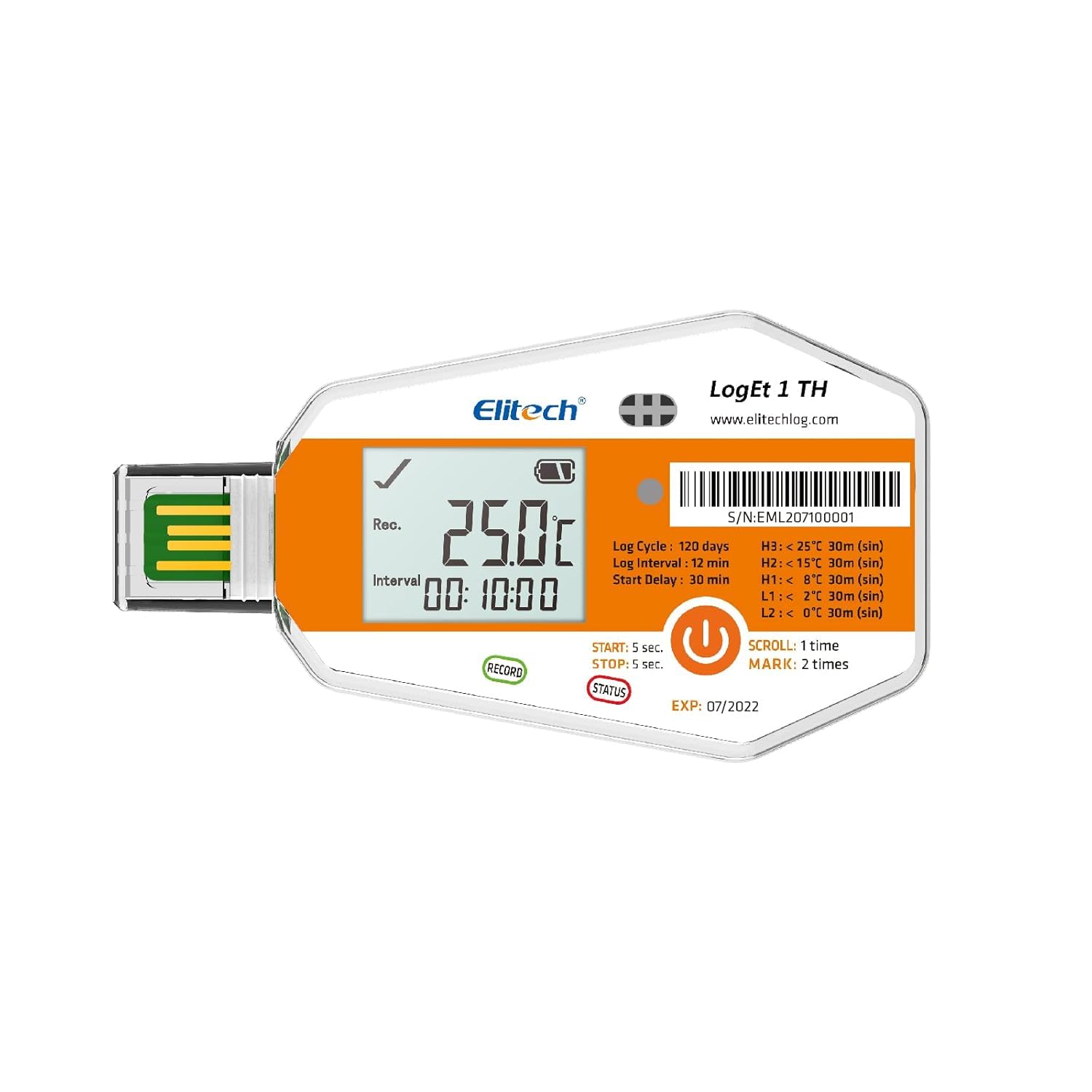Elitech LogEt Registrador de luz de una sola vez Registrador de alta precisión de temperatura y humedad con sensor de luz, la temperatura y humedad más altas pueden alcanzar ± 0.3 ° C