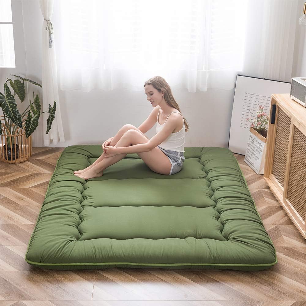 Japanese Floor Mattress Futon Mattress, Thicken Sleeping Pad Foldable Roll Up Floor Futon for Adults Tatami Mat Dormitory Bed Lounger, Green, Full Size