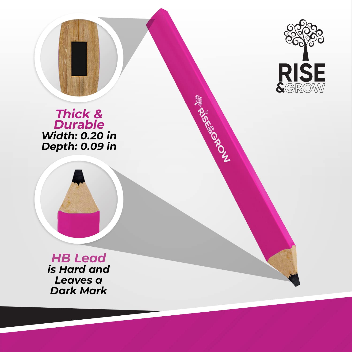 Rise & Grow 50 Set, Neon Pink Carpenters Pencils Bulk 7” – HB Lead Flat Construction Pencils for Men and Women - Woodworking Pencil for Marking Wood, Concrete and Plastic (Pink) — Amazon image 4