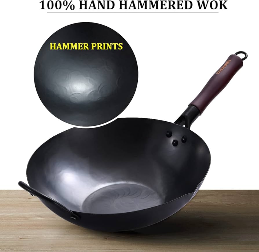 Amazon.com: XEEYAYA 碳鋼炒鍋帶蓋中國平底炒鍋炒鍋12.8 英吋(約31.8