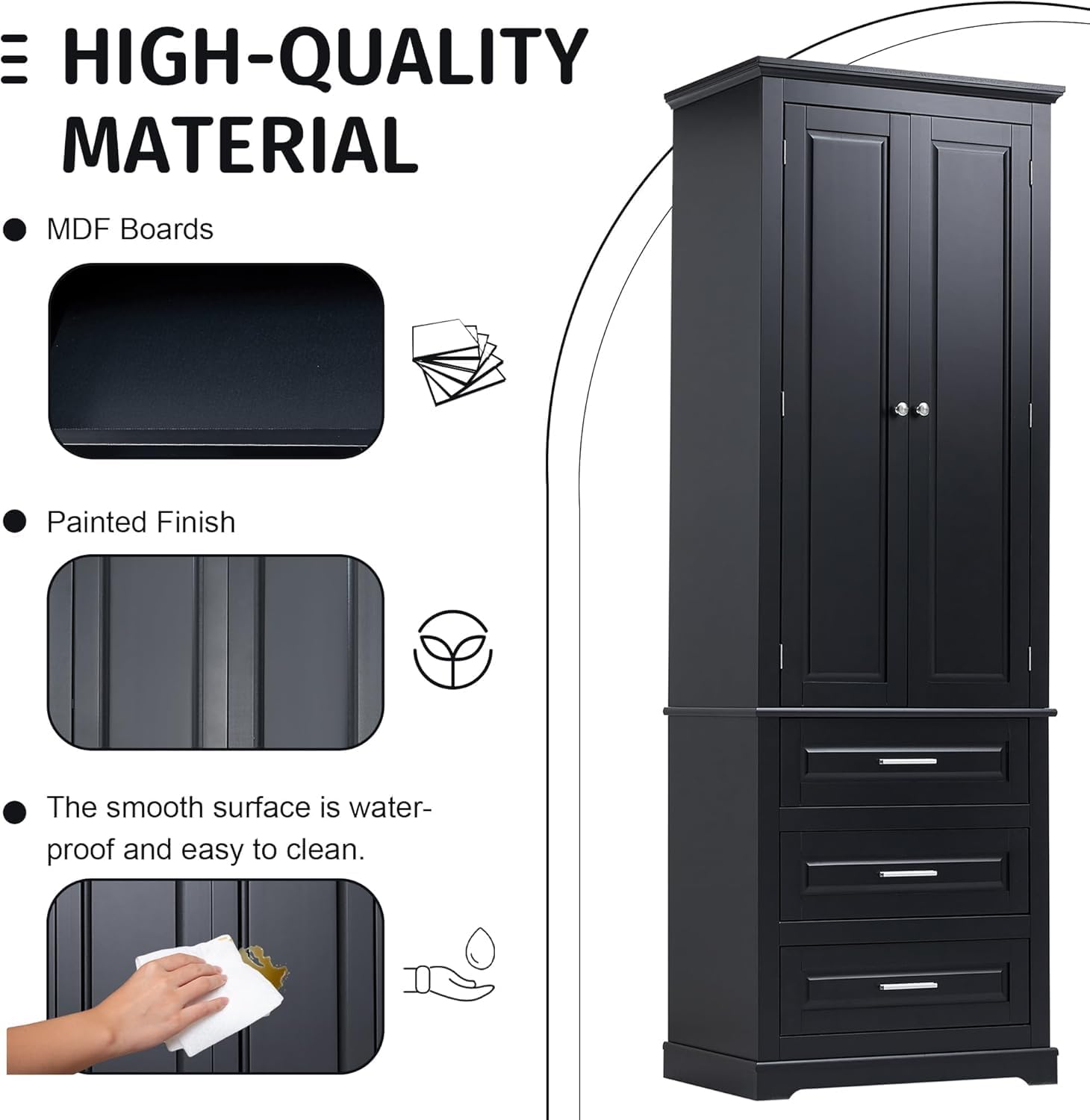 Virubi Tall Storage Cabinet with Doors, Drawers, and Adjustable Shelves, Wood Narrow Storage Cabinet, for Bathroom, Office, Kitchen, Freestanding (Black,with 3 Drawers)