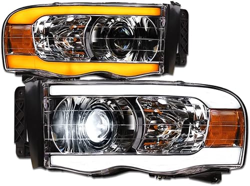 Switchback - Barra de tira LED secuencial completa cromada proyector de carcasa para faros delanteros reflector ámbar para Dodge Ram 1500 02-05