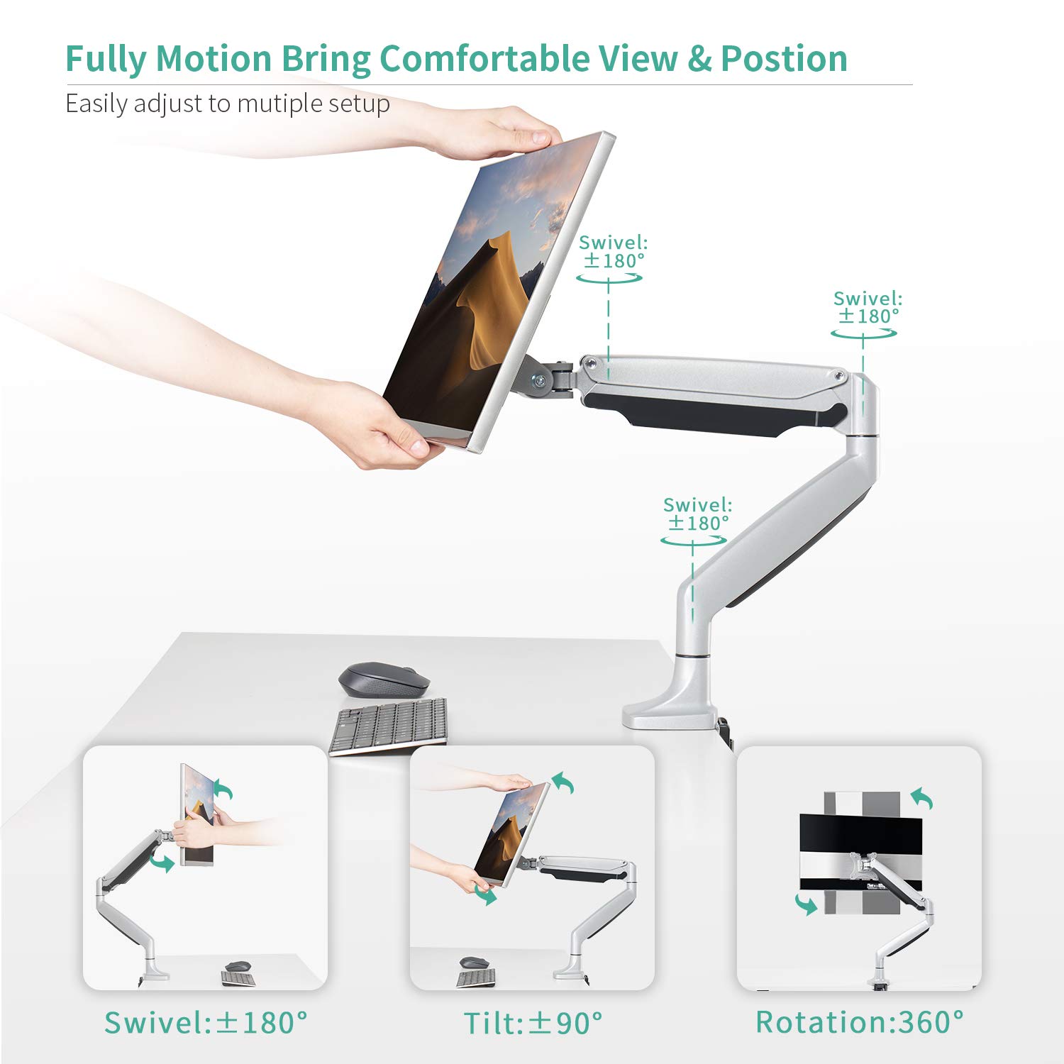 EleTab Single Monitor Arm Stand Full Motion Height Adjustable Monitor
