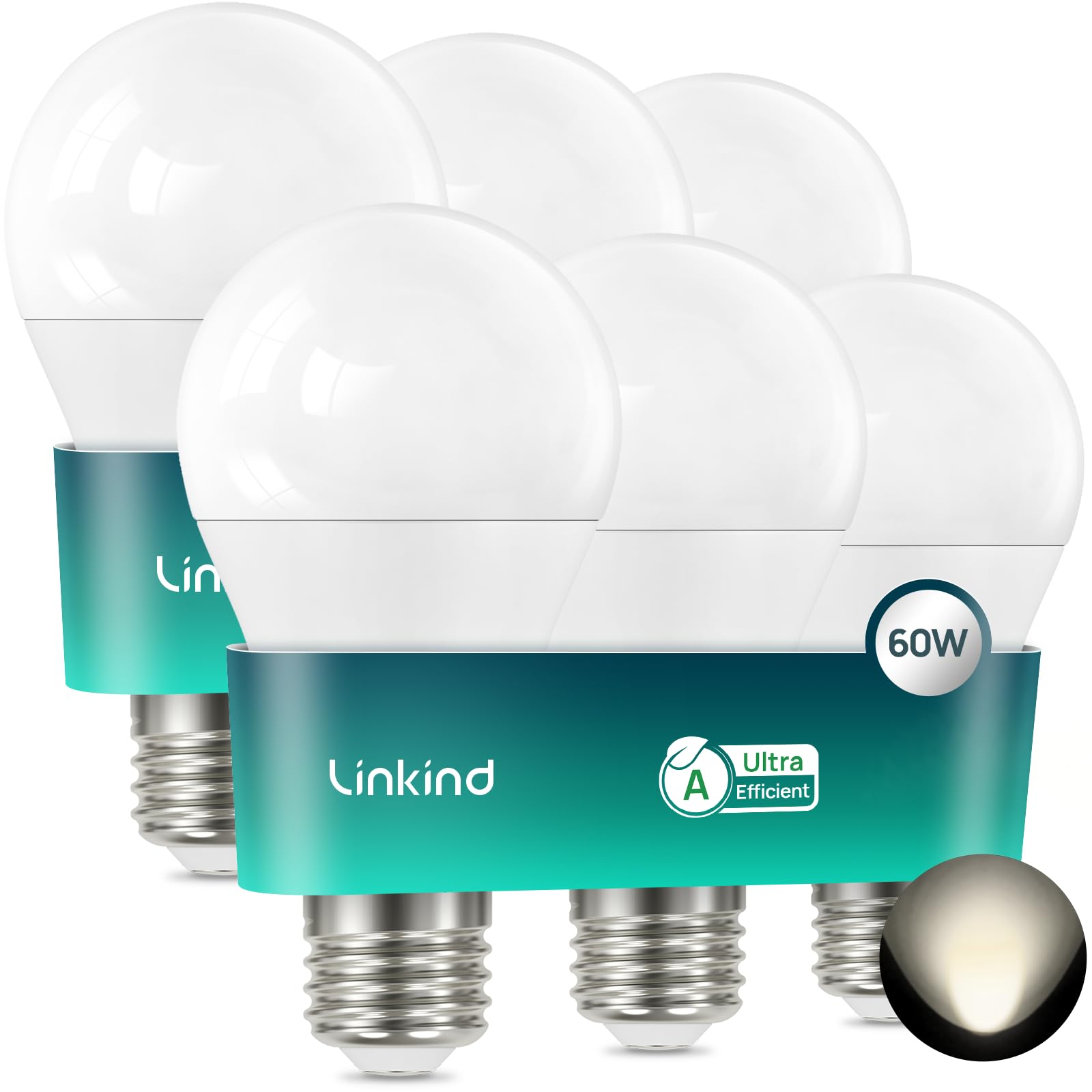 Linkind Ultraeffiziente E27 Lampe Matt, 3,8W=60W, 4000K Neutralweiß mit Energie Klasse-A, Nicht Dimmbar A60 Edison 806 Lm 200° Winkel, Energiesparend E27 LED Leuchtmittel, 6 Stück