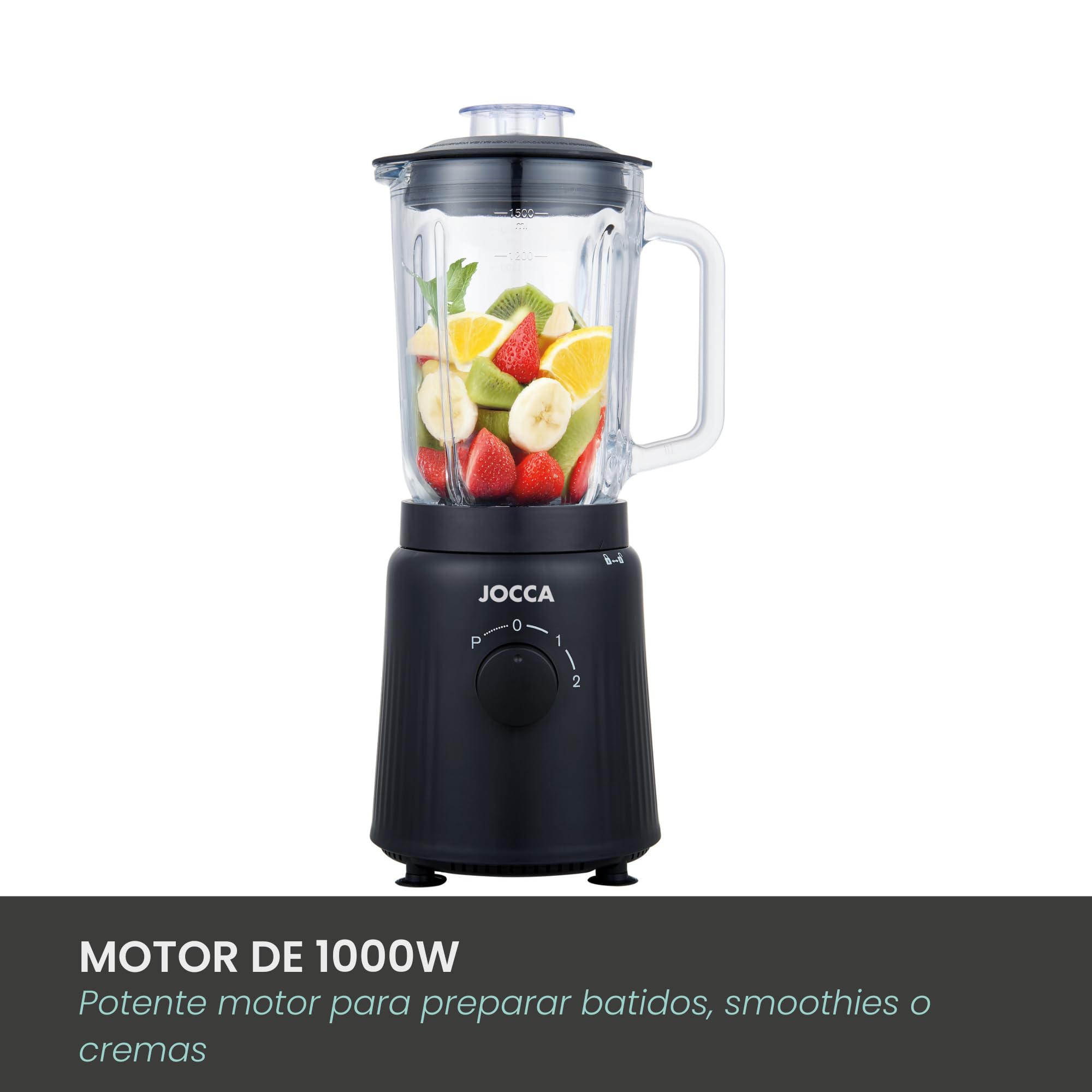 JOCCA - Batidora de Vaso con Jarra de Cristal 1,5L, 2 Velocidades + Pulse, Cuchillas de Acero Inoxidable, Sistema de Seguridad, Negro Mate, 1000W