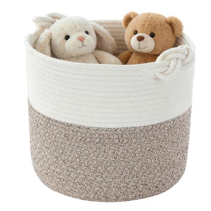 Woven Laundry Basket, Cotton Rope Toy Storage Baskets, Blanket Basket Living Room, Soft Woven Storage Basket with Handle