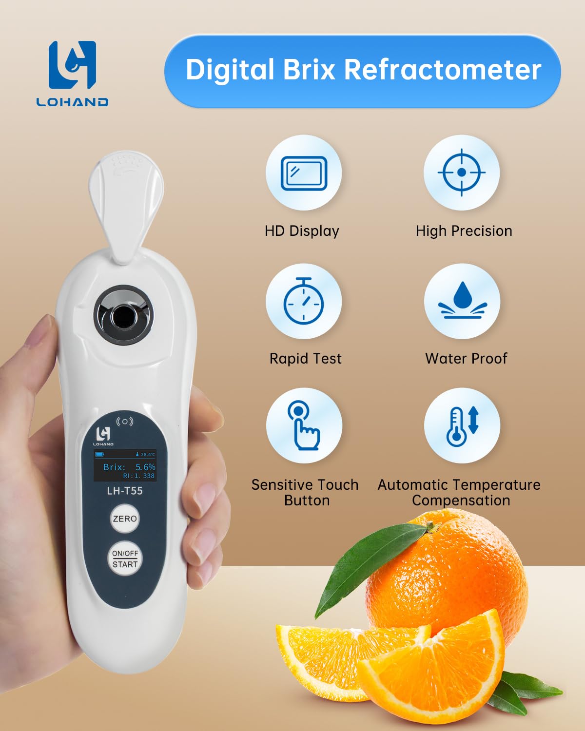 Refractómetro digital Brix 3 en 1 con ATC/índice de refracción (RI), medición precisa con cubierta de bloqueo de luz de precisión, prueba rápida de visualización táctil para jugo de fruta/café/vino