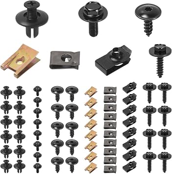 64 PCS Screws and Nut Clip Kit, Car Body Fender Screws and Bumper Guard Plate Fixing Bolts, Metal U-type Fastener Clip with Hex Head Self Tapping Screw, for Car Wheel Arch Cover Undertray