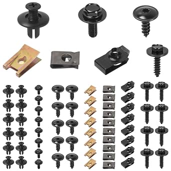 64 PCS Screws and Nut Clip Kit, Car Body Fender Screws and Bumper Guard Plate Fixing Bolts, Metal U-type Fastener Clip with Hex Head Self Tapping Screw, for Car Wheel Arch Cover Undertray