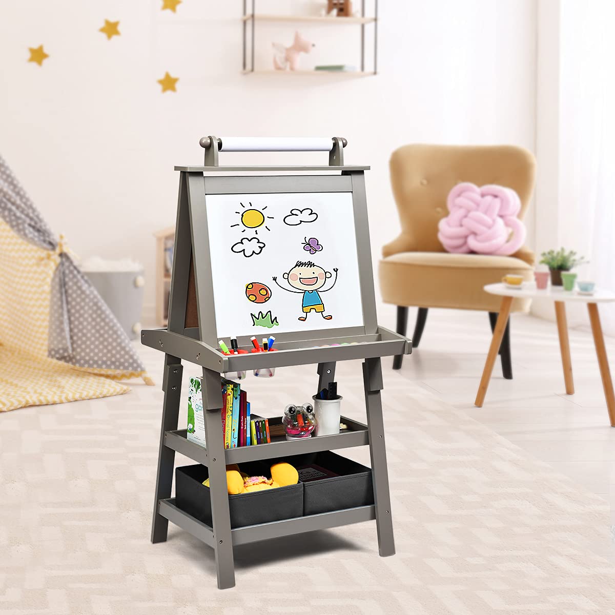 LIFEZEAL 3 in 1 - Lavagna per bambini, doppio lato, bianco e nero, cavalletto per bambini 3+ anni, con 2 scatole di immagazzinaggio, 2 ripiani, giocattolo educativo (grigio)