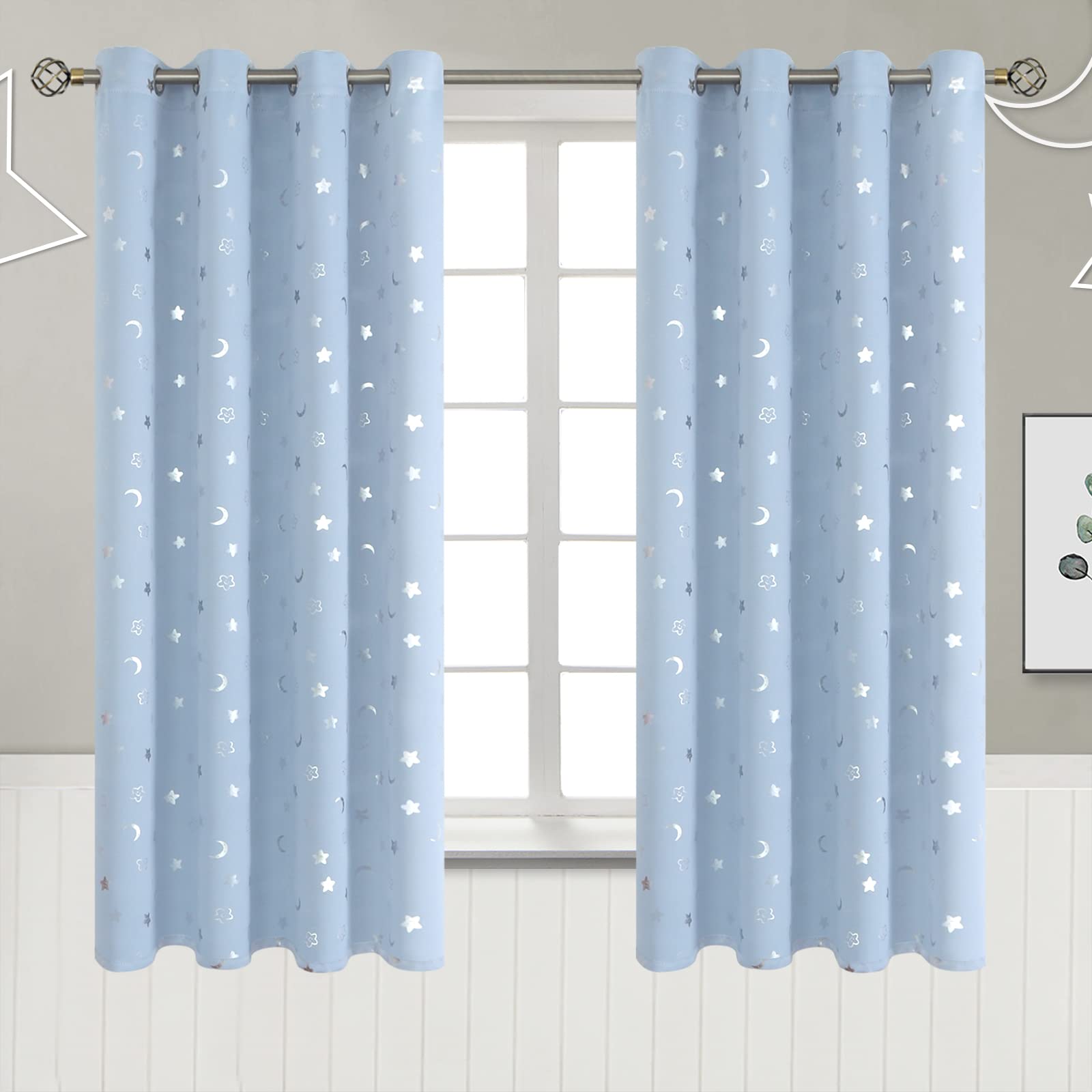 BGment Nursery Curtains for Boys Bedroom, Star and Moon Blackout Curtains for Kids Room, Girls Thermal Insulated Room Darkening Window Curtains Drapes with Grommet 63 Inch Long, Spa Blue, 52 Wide