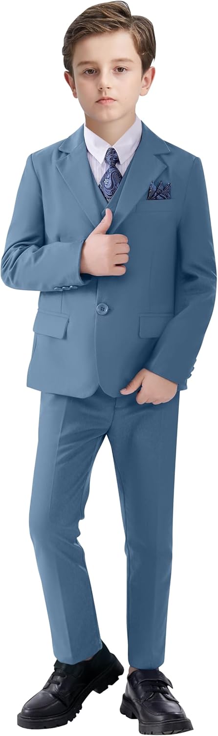 Boy's Suit Formal Slim Fit 5 Pieces Suit Set Blazer Vest Pants with Adjustable Waist Shirt with Tie - Image 6