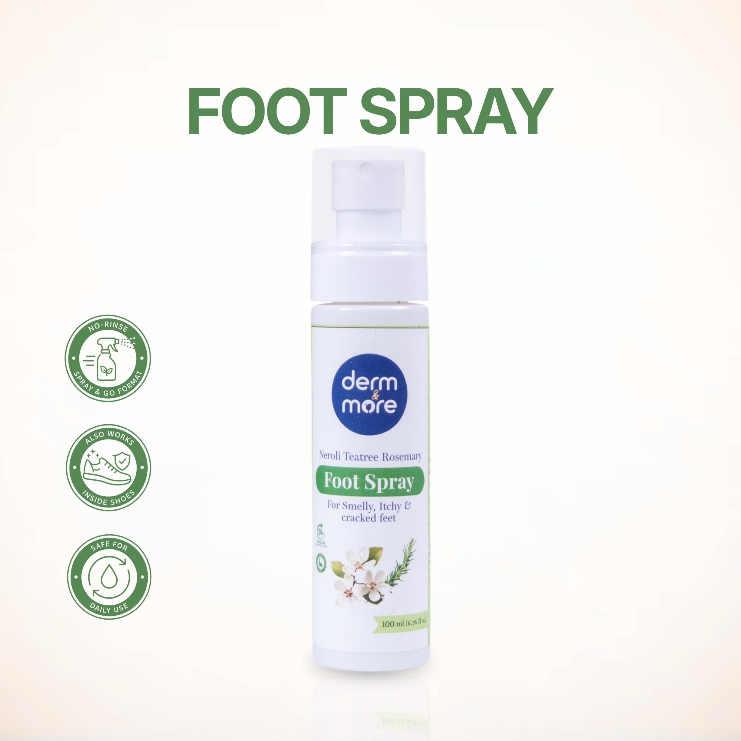 Derm & More Foot Spray for Cracked, Rough & Smelly Feet | Natural Foot Deodorant & Shoe Spray | Tea Tree, Aloe Vera & Neroli Oil | Odour Control & Foot Care | Paraben Free | 100 ml