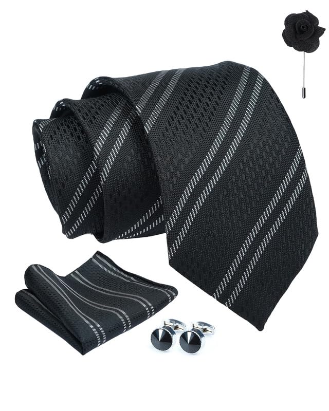 axlon Striped Tie For Men – Formal Ties Set With Pocket Square, Cufflink & Flower Pin With Gift Box For Mens, Silk Fabric Neckties Gift Sets For Men’s (ST4)-picture-52