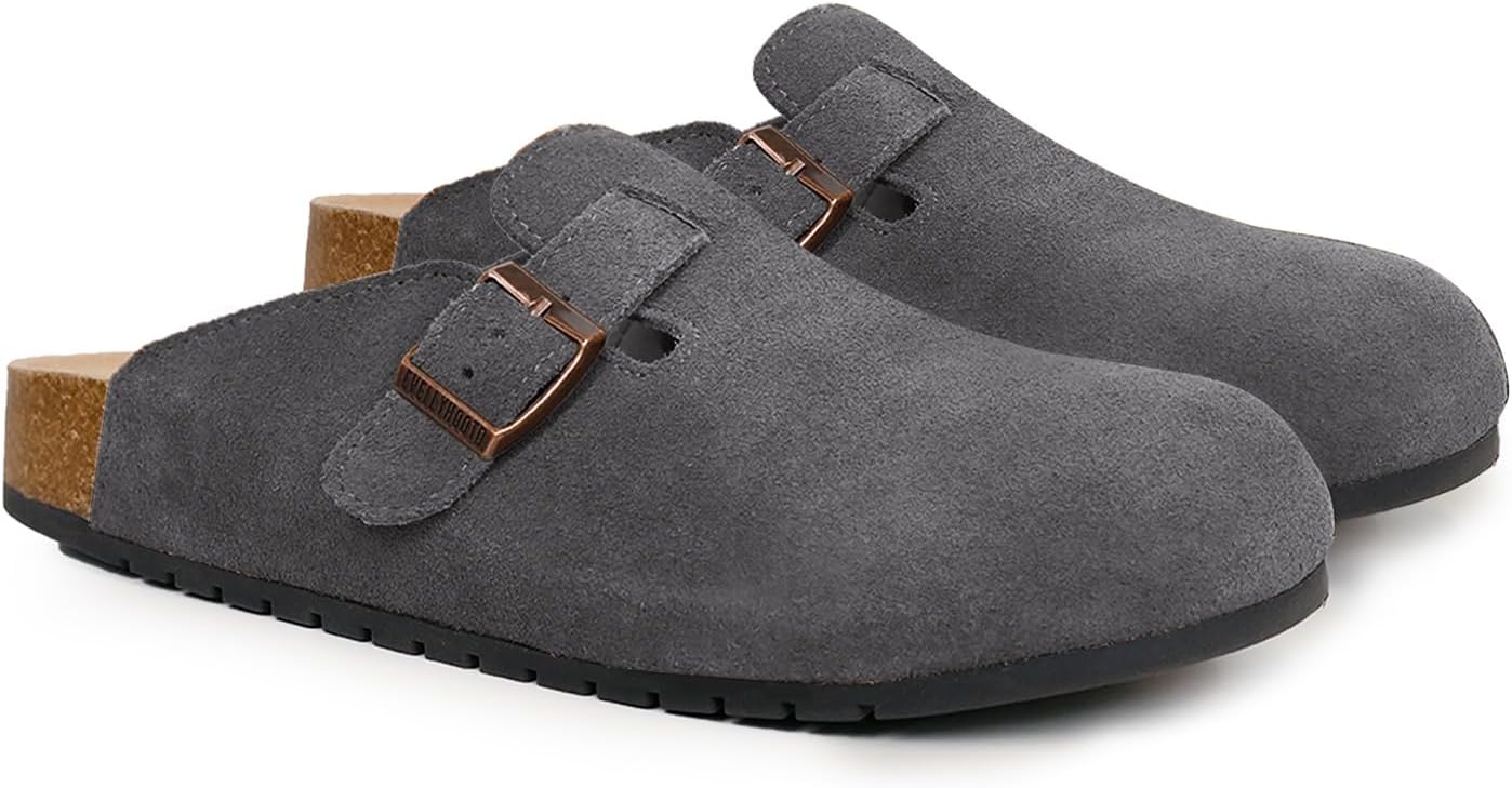 Women's Men's Suede Clogs Leather Mules Cork Footbed Sandals Comfort Potato Shoes with Arch Support(with Socks)