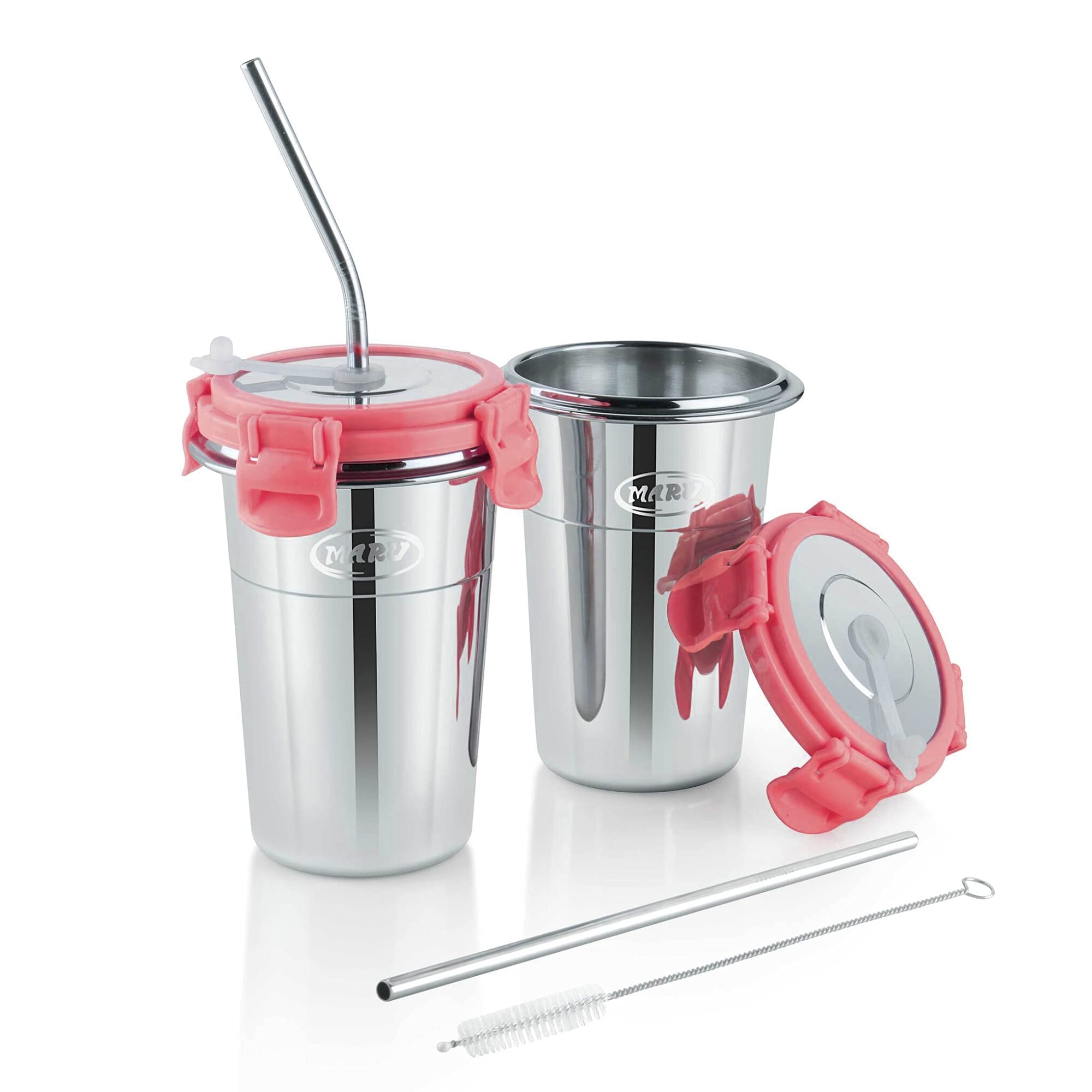 MARUStainless Steel Tumbler Set of 2 (400ml Each) – Durable, Leakproof & Portable Sippy Cups with Lids, Reusable Straws & Cleaning Brush – Ideal for Travel, Office & Home, Ice Pink