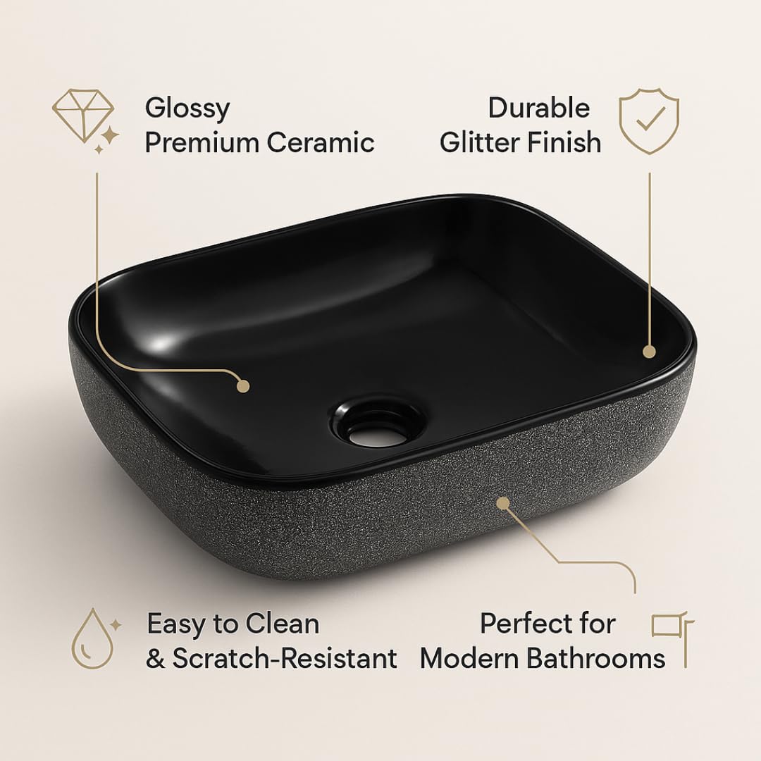 HISRE Table Top Wash Basin For Bathroom | Over Counter Top Wash Basin For Living Room | Washbasin Countertop | Tabletop Ceramic Bathroom Kitchen Sink (Black), photo 5 of 5
