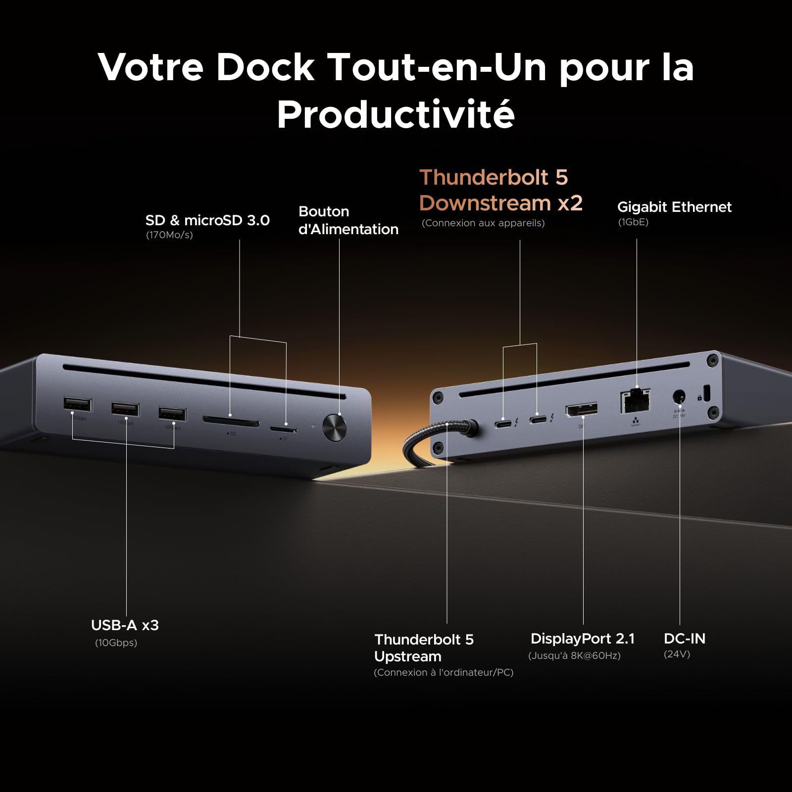 UGREEN Maxidok Thunderbolt 5 Docking Station Revodok 10 en 1 Station d'accueil avec 2*TBT5 120Gbps 8K60Hz DisplayPort Multi-Affichage 3*USB-A 3.2 10Gbps RJ45 Gigabit Lecteur SD TF 110W Max Charge