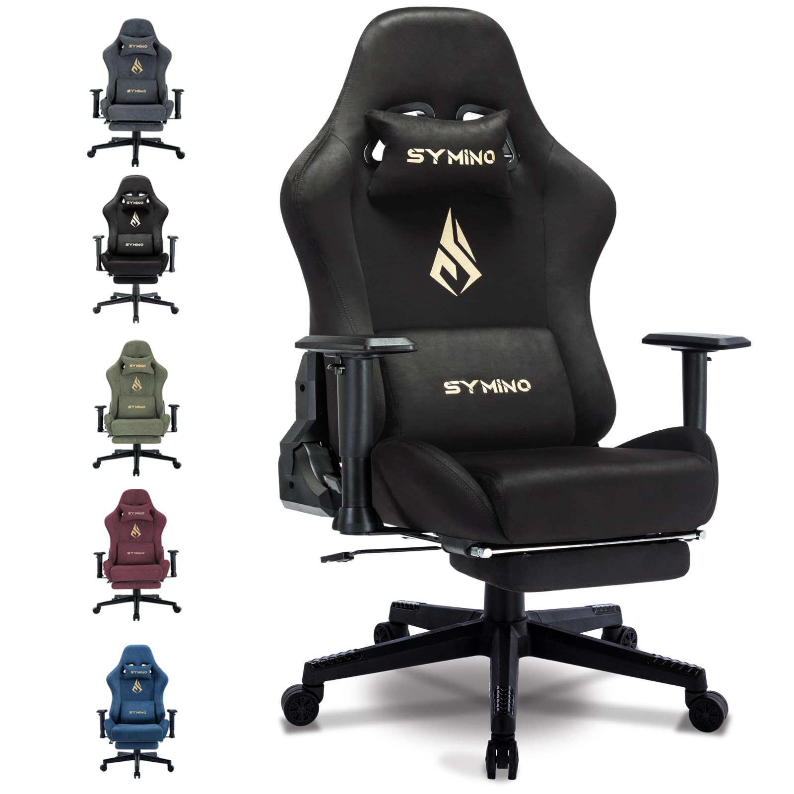 Symino Silla Gaming Ergonómica Reclinable con Reposapiés Ajustable, Soporte Lumbar y Reposacabezas Regulable, Altura Ajustable para Adultos hasta 200kg (Gamuza Artificial,Black)