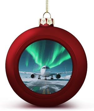 Airplane Under The Polar Night Sky Christmas Ball Ornaments - Shatterproof Plastic Vintage Rustic Xmas Tree Decorations Pendant for Family Holiday Wedding Party Xmas Hanging Decoration