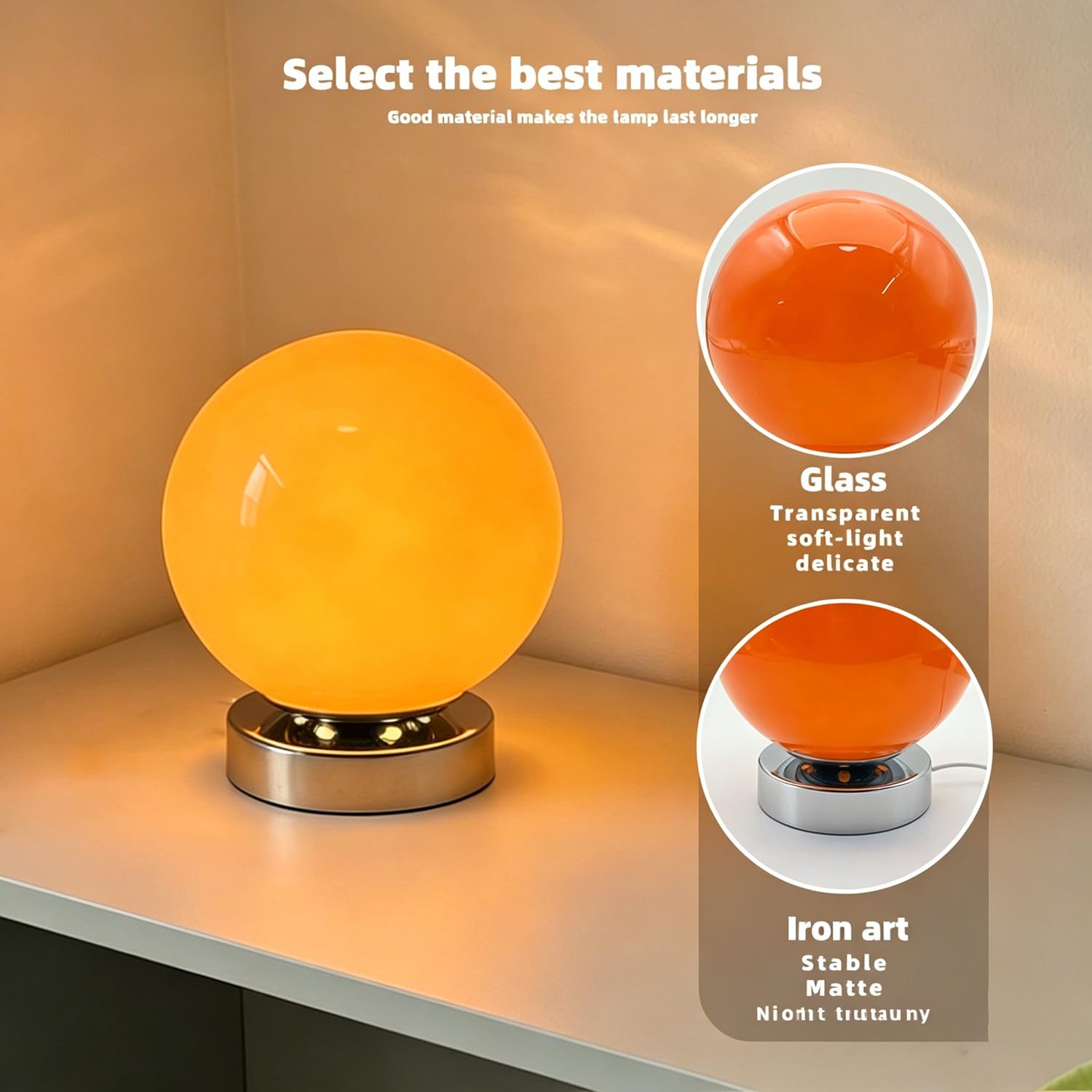 OOWOKS Glaskugel Tischlampe Kabellos Touch Steuerung USB Aufladbar 3 Farbtemperaturen dimmbare LED Nachttischlampe mit Akku Metall Sockel Kugel Deko Tischleuchte für Schlafzimmer Kinderzimmer,Orange