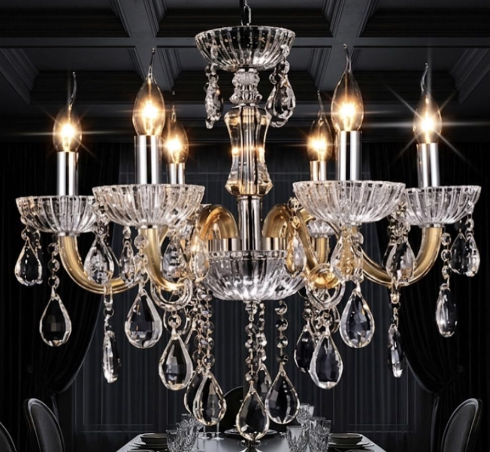 Image of Sanleen Crystal Candle Chandelier, 6-Light Candle Fixture with Curved Arms, Glass Cups and K9 Crystals,Italian Style (Bulb Included)
